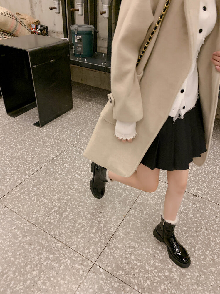 Karin Luna In Stock  Best-selling in stock Thickened Fleece Cow Patent Leather Hot-Selling Flat Short Boots