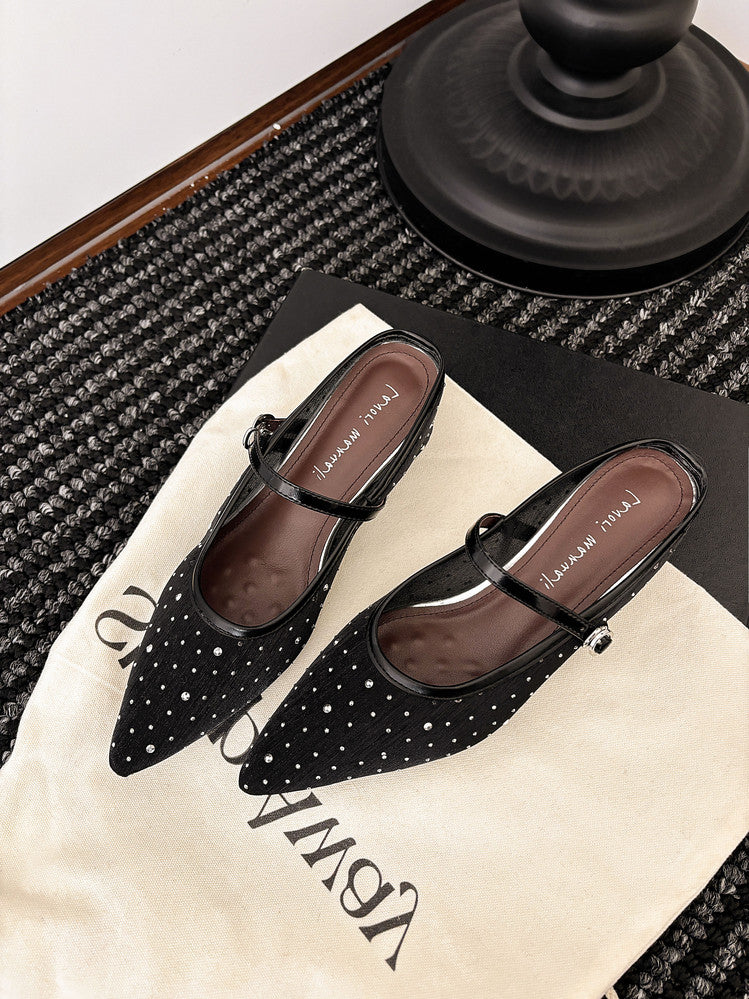 Karin Luna In Stock Spot Goods  Breathable Mesh Fabric Embellished Hand Drill Pointed Toe Slippers