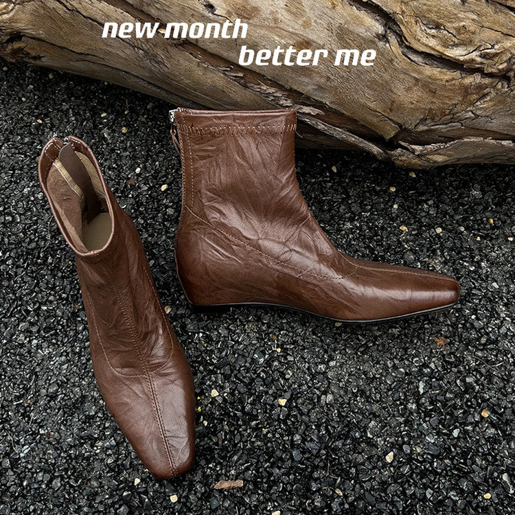 Karin Luna In Stock Spot Goods Slim Series  Hidden Wedge Small Square Toe Back Zipper Short Boots