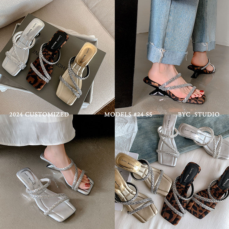Karin Luna In Stock Spot Goods  Rhinestone One-Strap Irregular Heel Square-Toe Slippers