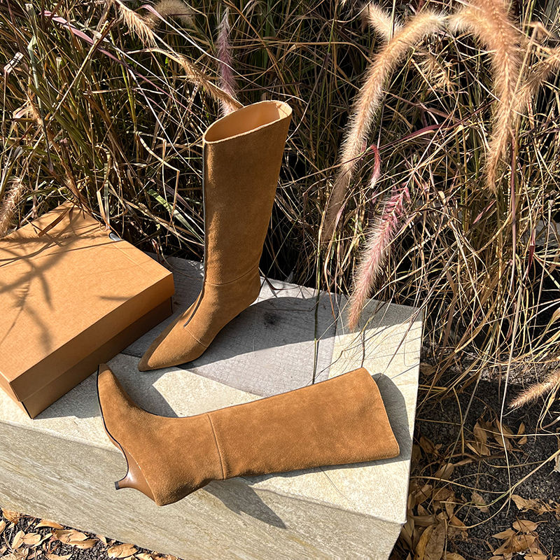 Karin Luna In Stock Spot Goods Retro Cowhide Pointed Toe Stiletto Elegant Long Boots
