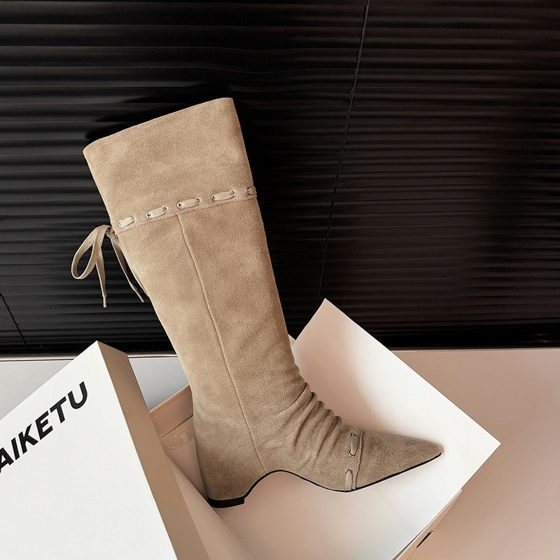 Karin Luna Elegant Style  Pointed Toe Pleated Hidden Wedge Western Boots