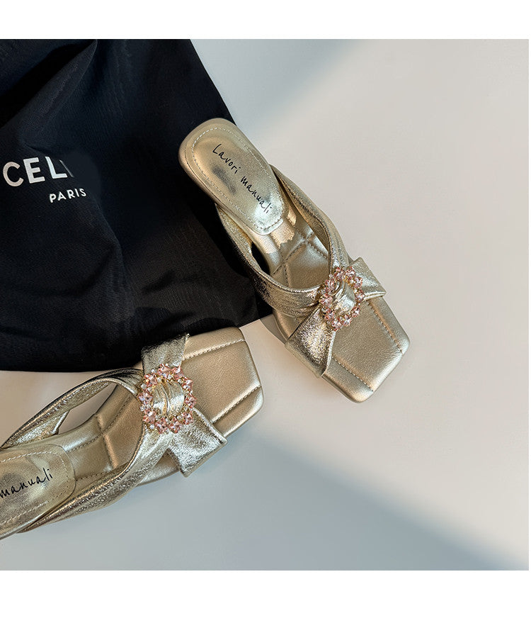 Karin Luna In Stock In Stock Elegant Square-Toe Cross-Strap Rhinestone Square-Toe Slippers