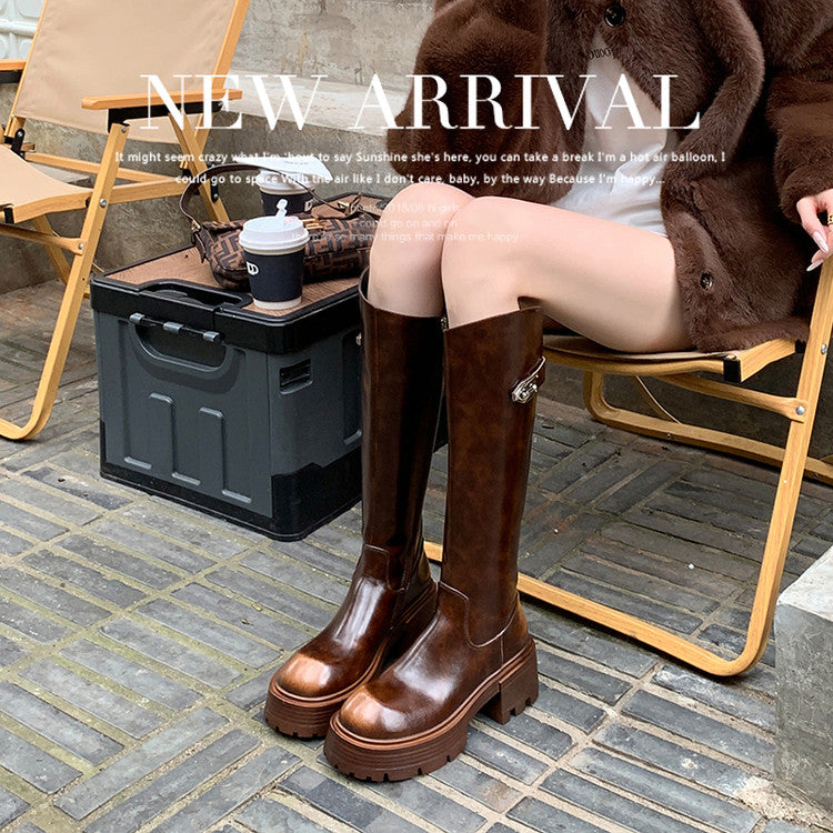 Karin Luna In Stock In Stock  Round Toe Thick Sole Belt Buckle Side Zipper Knight Boots