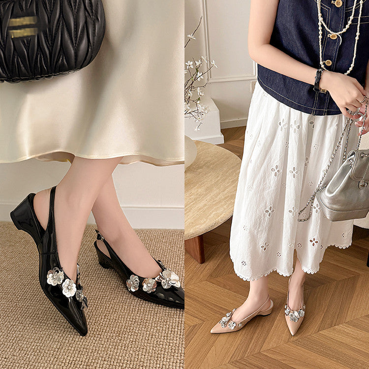 Karin Luna In Stock In Stock  Sequin Floral Pointed Toe Chunky Heel Closed-Toe Sandals