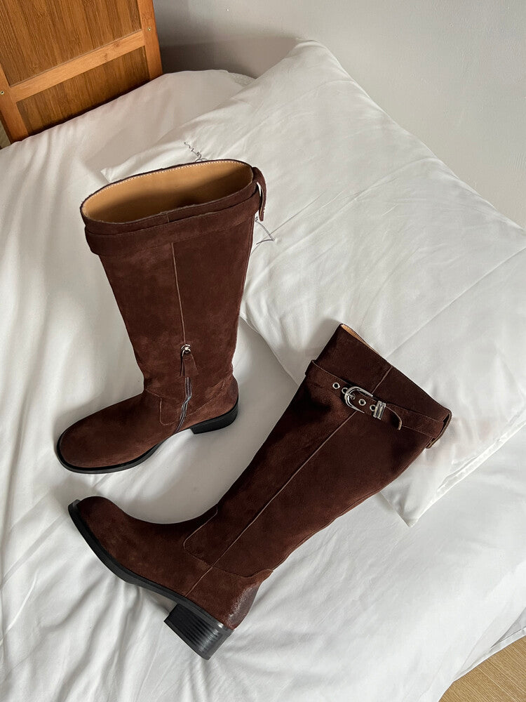 Karin Luna Chunky Heels Round Head Belt Buckle  Fashionable Suede Boots