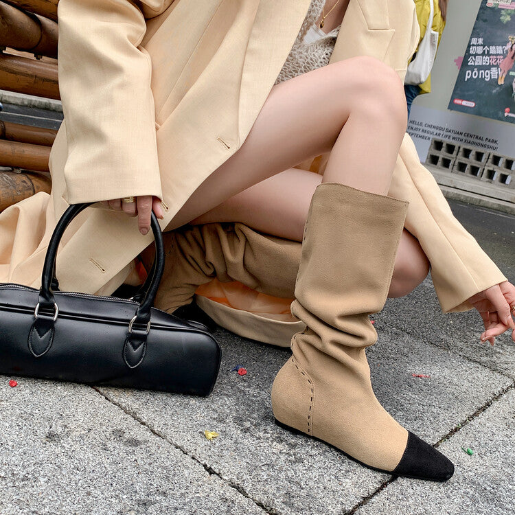 Karin Luna In Stock Spot Goods TikTok Live Hot Item Full Cowhide Leather Pointed Toe Retro Wedge Heel Stacked Boots
