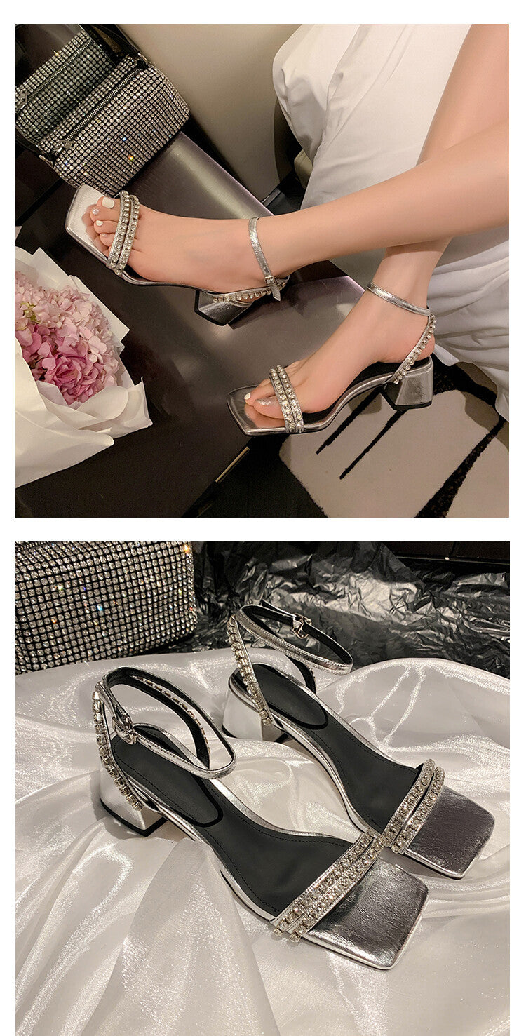 Karin Luna Classic Style   Rhinestone Strap Chunky Heel Open-Toe Sandals