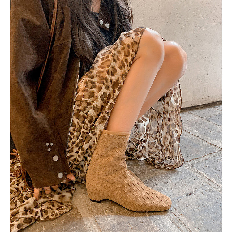 Karin Luna Handmade Woven Fabric Small Square Toe Hidden Heel Short Boots