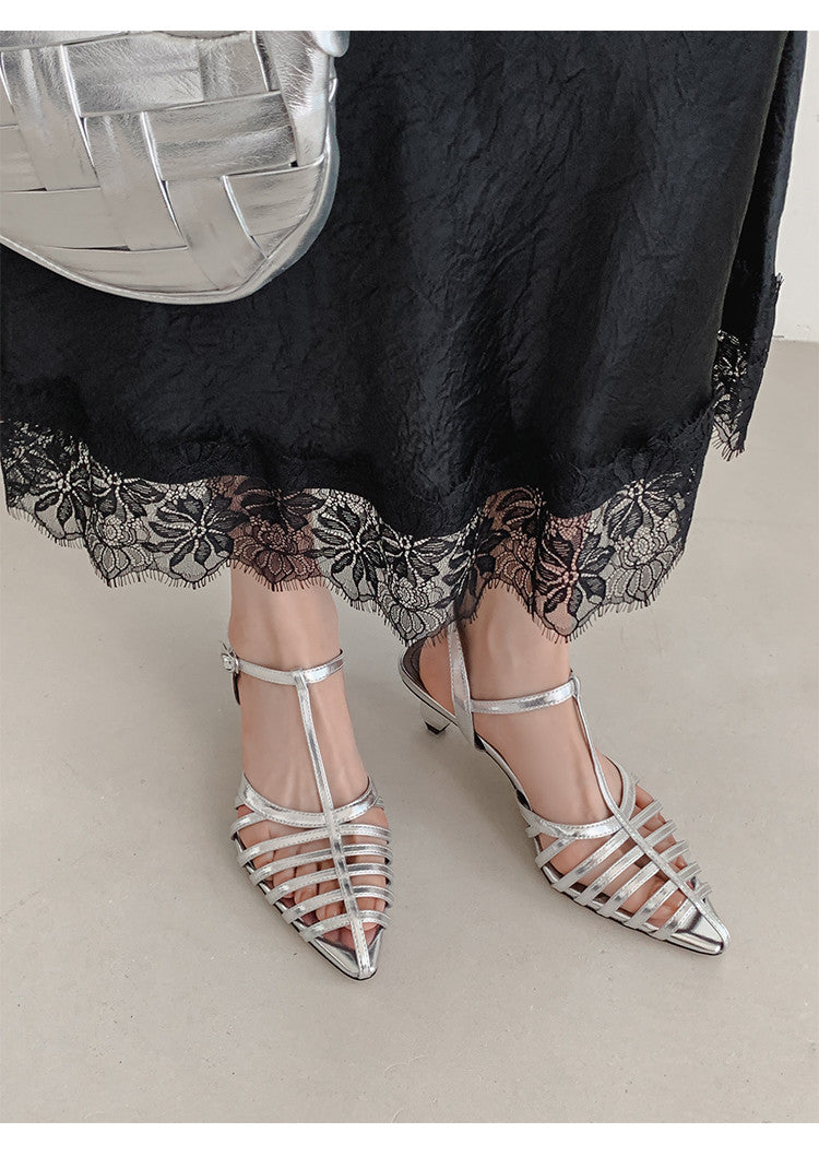 Karin Luna French Hollow Toe Metal Heel Elegant Sandals
