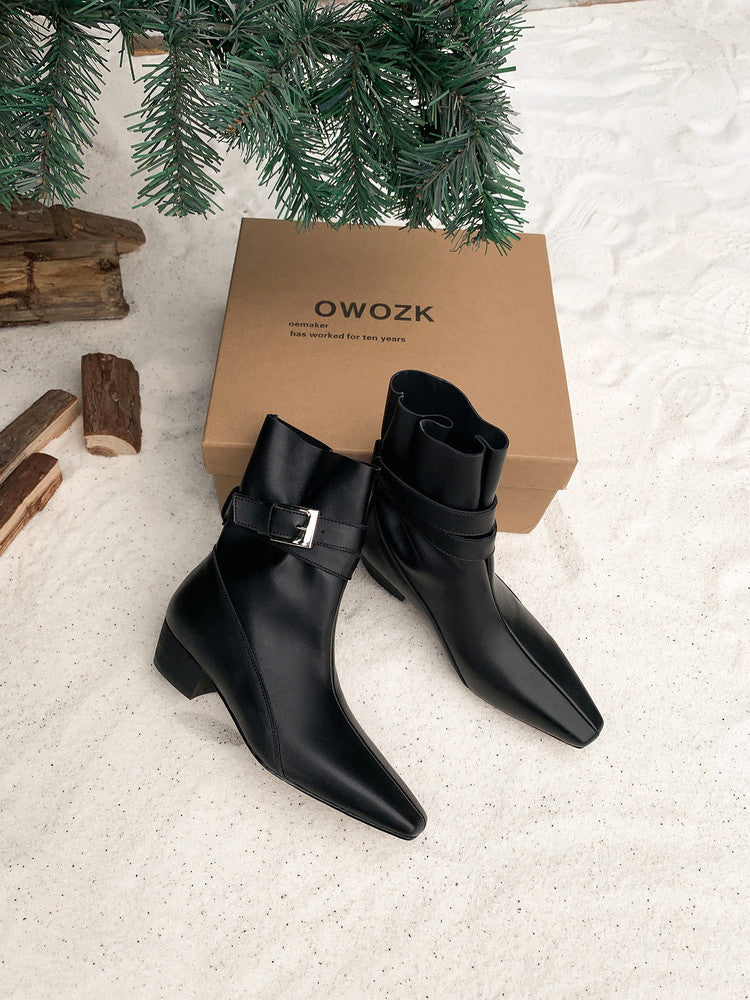 Karin Luna In Stock Spot Goods  Best-selling in stock Data Hot-Selling Small Square-Toe Chunky Heel Cowhide Leather Short Boots