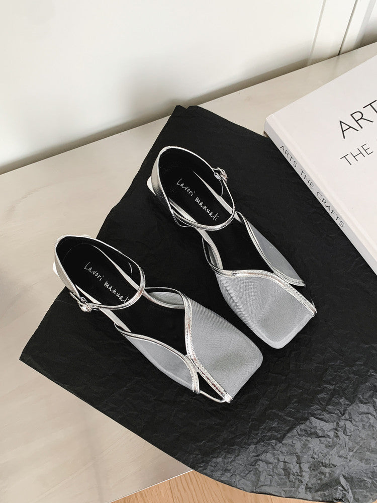 Karin Luna In Stock In Stock  Internet Celebrity Style Square Toe Mesh Chunky Heel Sandals