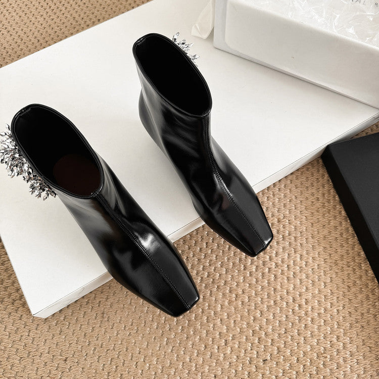 Karin Luna Elegant Style Square Toe Flower Design Height Increasing Short Boots with Two Front and Back Options