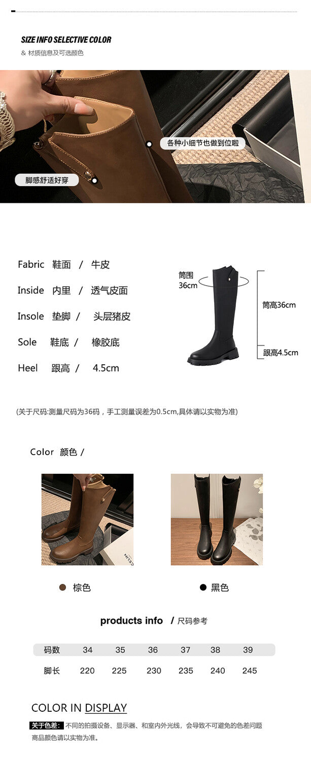 Karin Luna Hot-Selling In Stock   Basic Casual Hot-Selling Round-Toe Long Boots Full Cowhide Leather Long Boots Flat Bottom Hot Sale