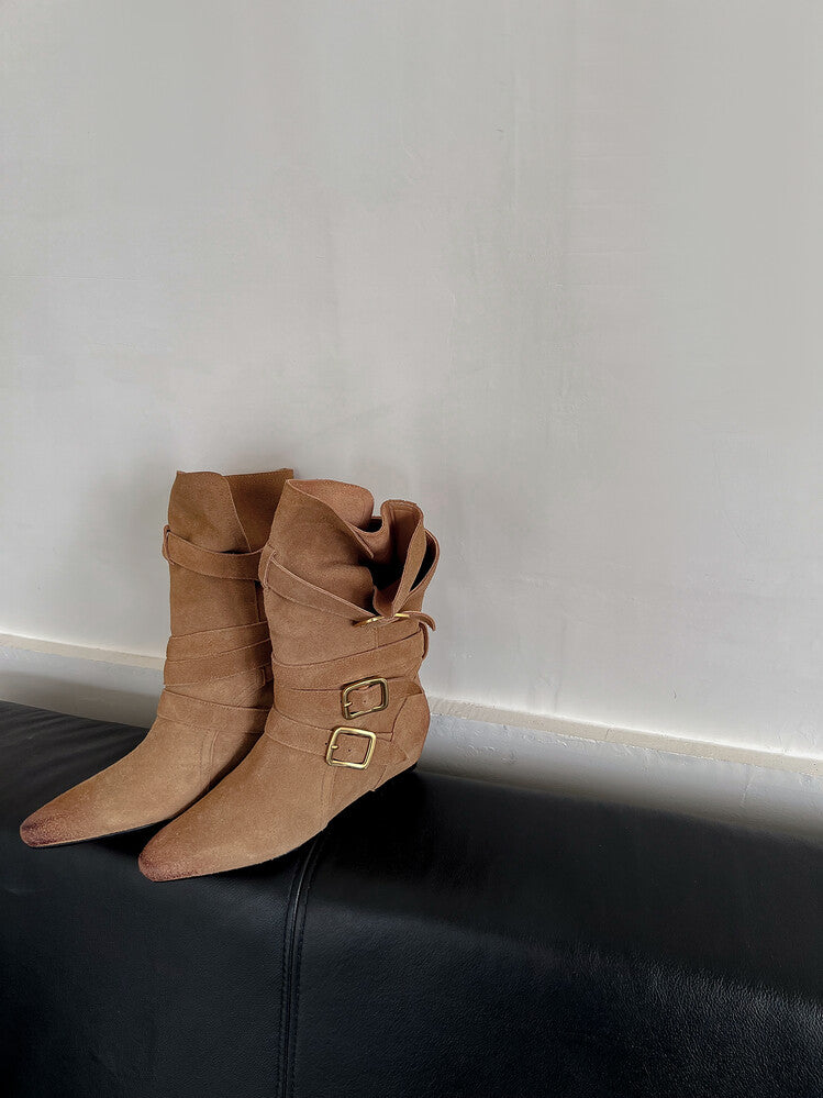 Karin Luna Cow Leather Small Square Toe Belt Buckle Fashion Boots