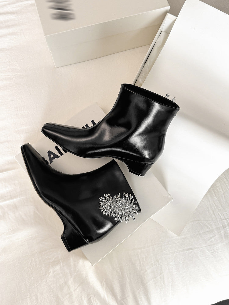 Karin Luna Elegant Style Square Toe Flower Design Height Increasing Short Boots with Two Front and Back Options