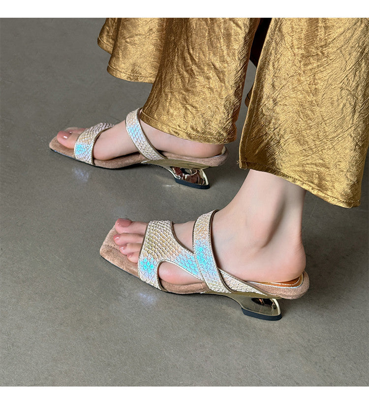 Karin Luna Fish Skin Series~Minimalist Square Toe Popular Irregular Heel Slippers