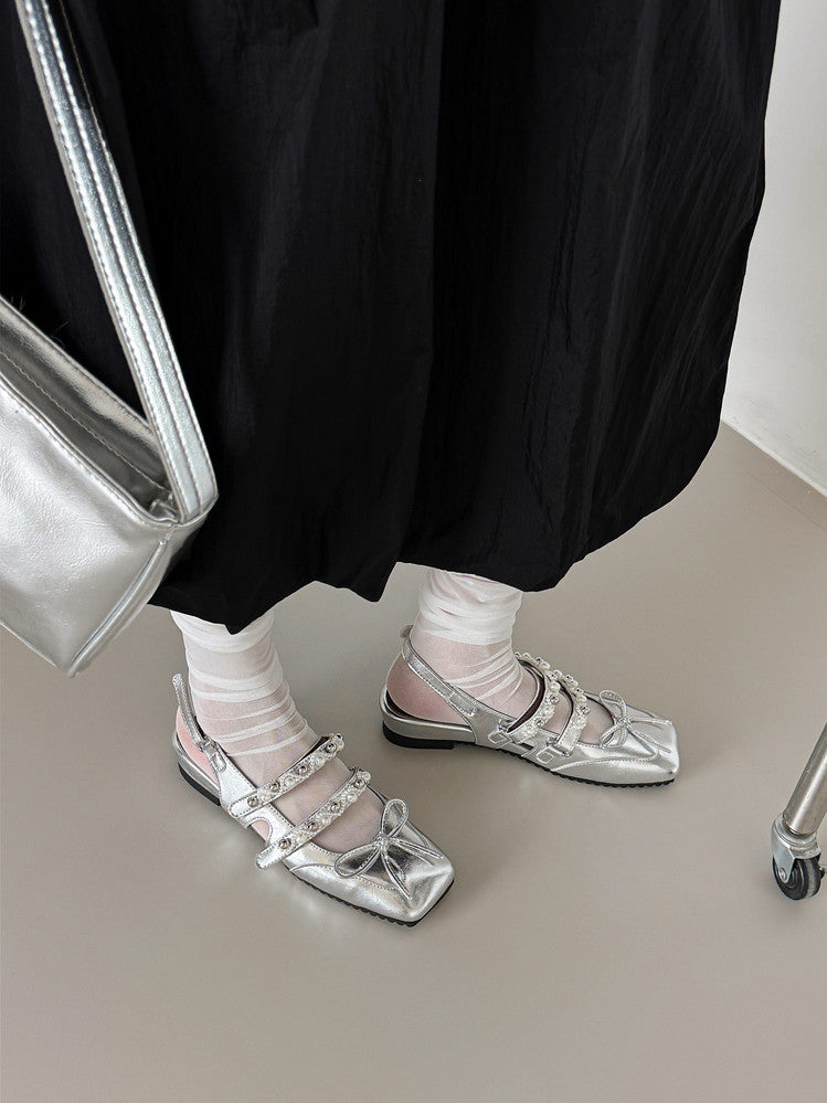 Karin Luna In Stock In Stock  Square Toe Bowknot Pearl Strap Closed-Toe Sandals