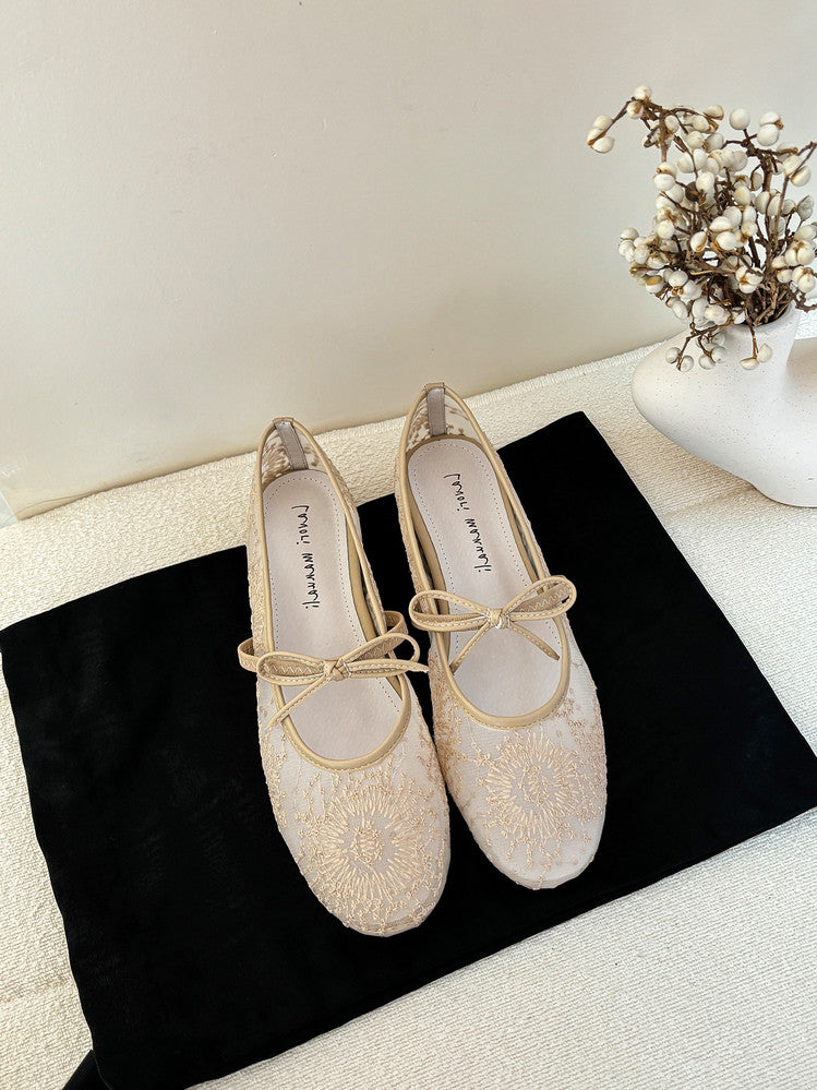 Karin Luna In Stock Spot Goods  Summer Breathable Retro Embroidered Bow Granny Shoes