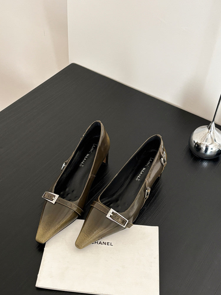 Karin Luna In Stock In Stock Retro Belt Buckle Small Square Toe Chunky Heel Single Shoes