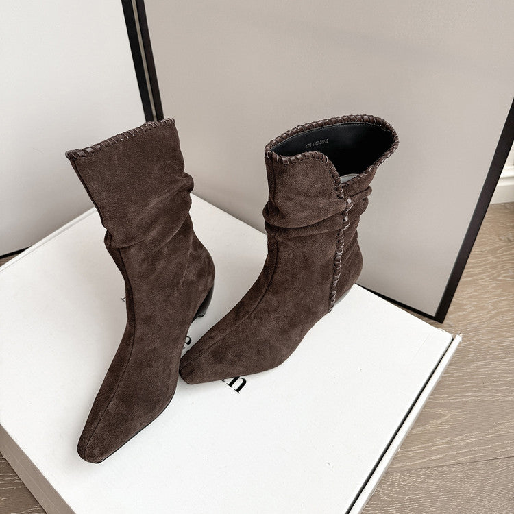 Karin Luna Elegant Style Small Square Toe Pleated Short Boots