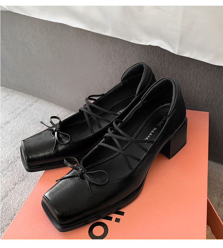 Karin Luna In Stock Spot Goods  Popular Self-flowing Bowknot Square Toe Chunky Heel Single Shoes