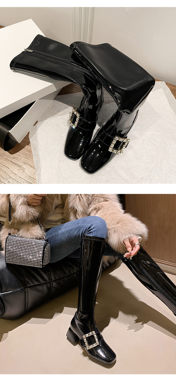 Karin Luna Elegant Style Ultra Slimming Rhinestone Chunky Heel British Style Riding Boots Long Boots