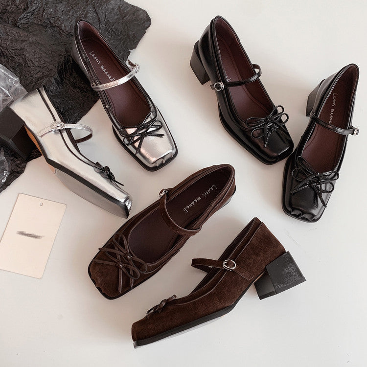 Karin Luna In Stock Spot Goods   One-strap Bowknot Square Toe Chunky Heel Mary Jane Shoes