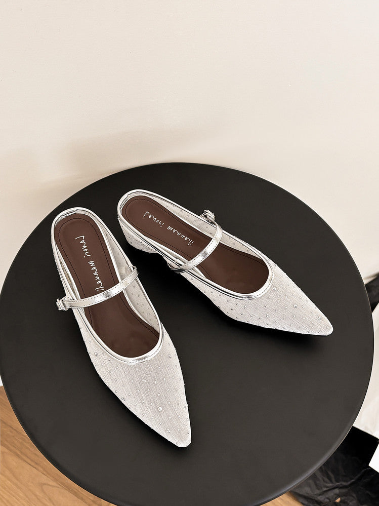 Karin Luna In Stock Spot Goods  Breathable Mesh Fabric Embellished Hand Drill Pointed Toe Slippers
