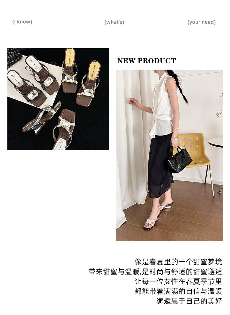 Karin Luna In Stock Spot Goods Rhinestone Square Toe Irregular Heel Slippers