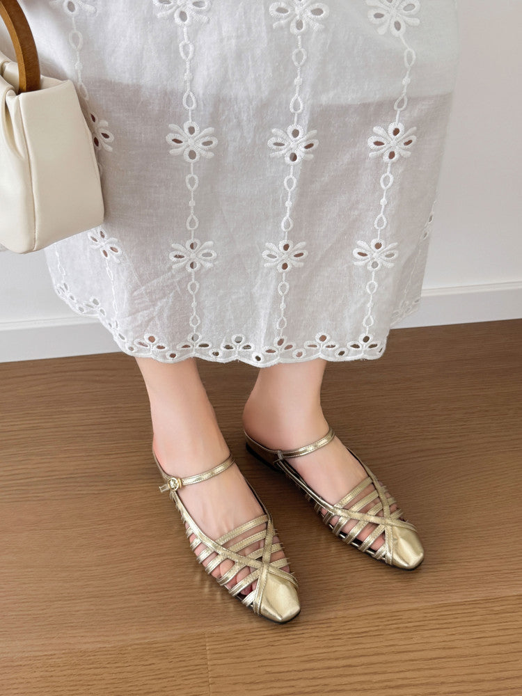 Karin Luna In Stock Spot Goods   French Retro Hollow Small Square Toe One-Strap Slippers