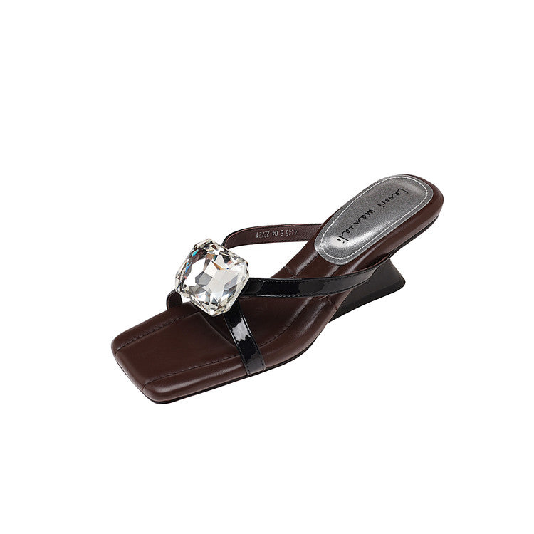 Karin Luna In Stock Spot Goods Rhinestone Square Toe Irregular Heel Slippers