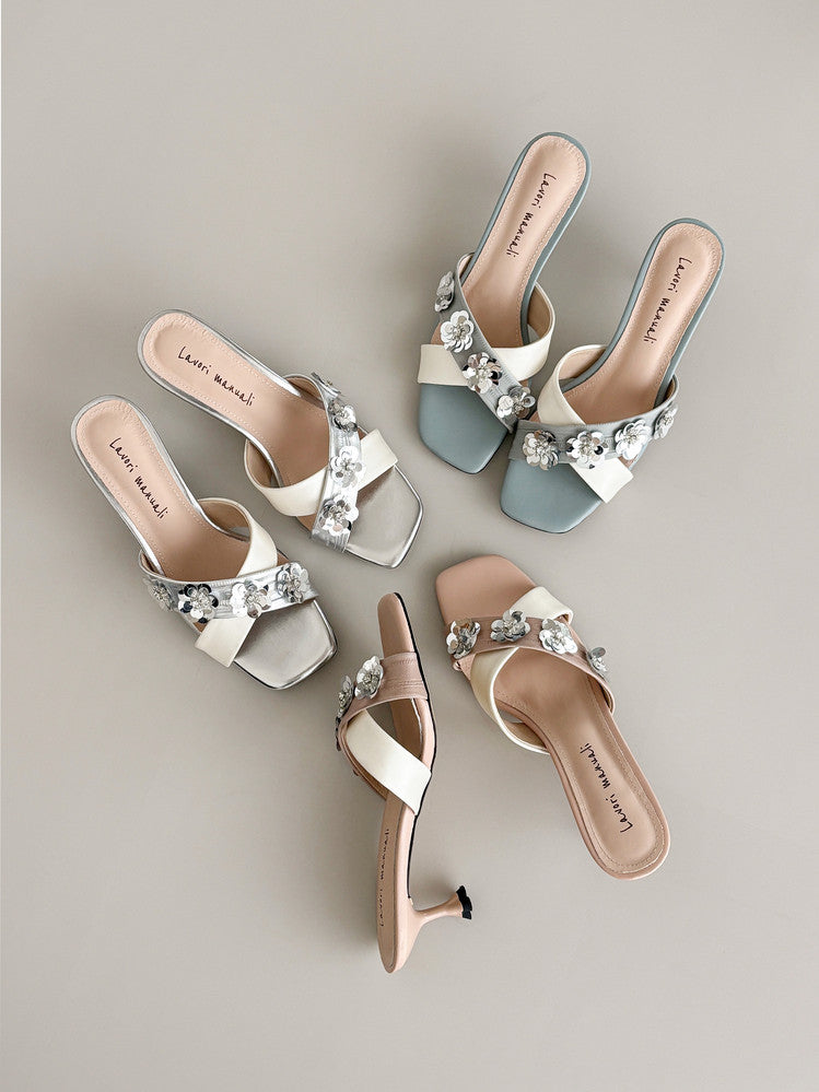 Karin Luna In Stock Spot Goods  Sequin Floral Cross Strap Square Toe Stiletto Slippers