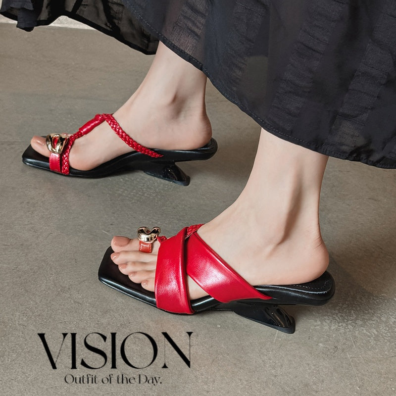 Karin Luna Braided Style ~Cross Strap Square Toe Irregular Heel Slippers
