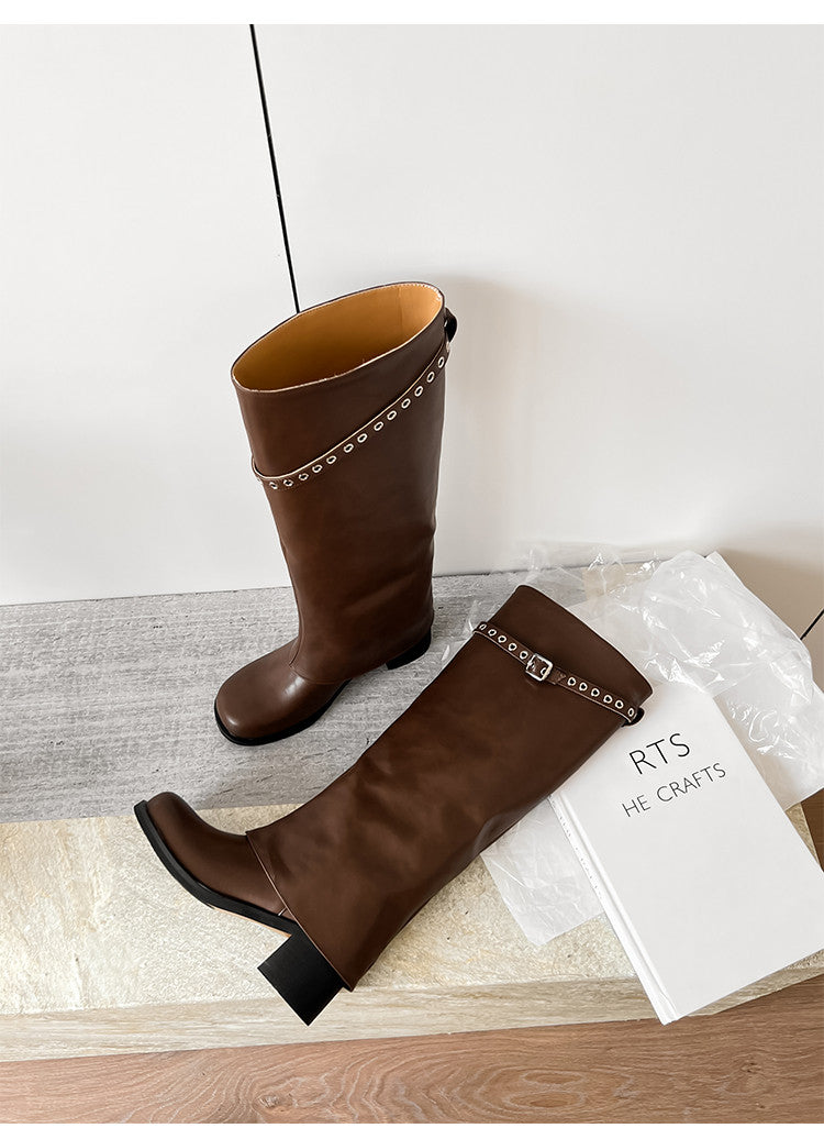 Karin Luna In Stock Spot Goods Belt Buckle Color-Washed Casual Thick-Soled Bootcut Pants Boots