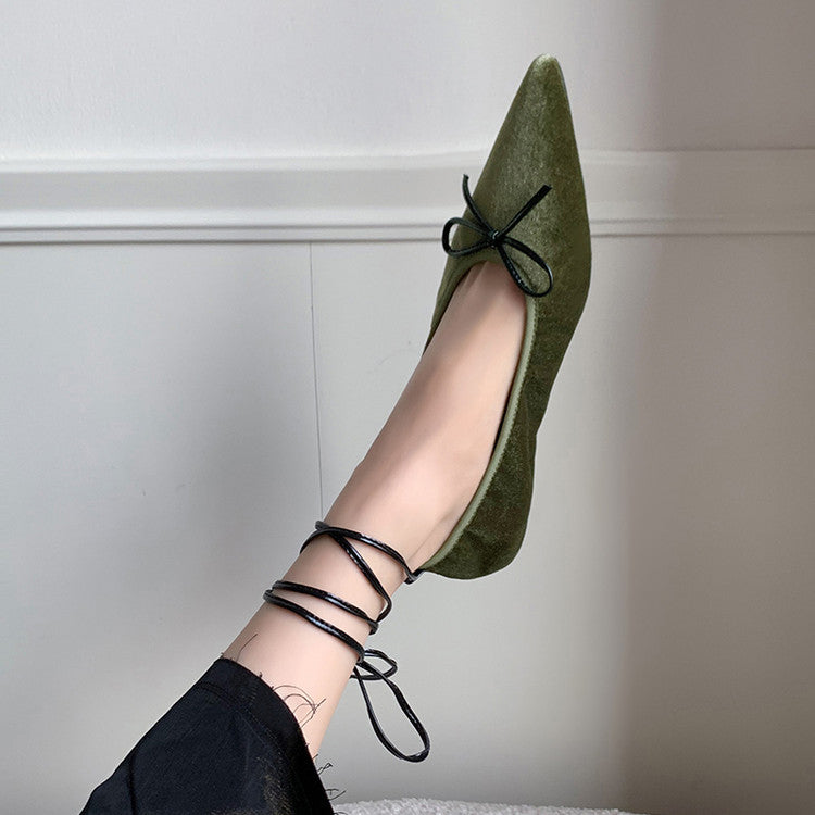 Karin Luna In Stock In Stock Retro Velvet Pointed Toe Bowknot Single Shoes