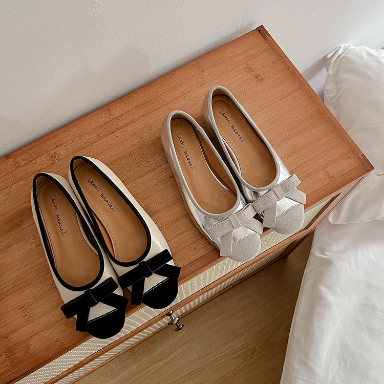 Karin Luna In Stock Spot Goods    Color Block Sweet Bowknot Hidden Wedge Shallow Mouth Flats