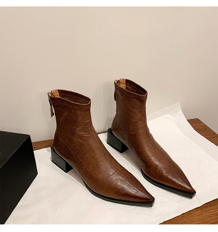 Karin Luna Elegant Style Pointed Toe Chunky Heel Short Boots