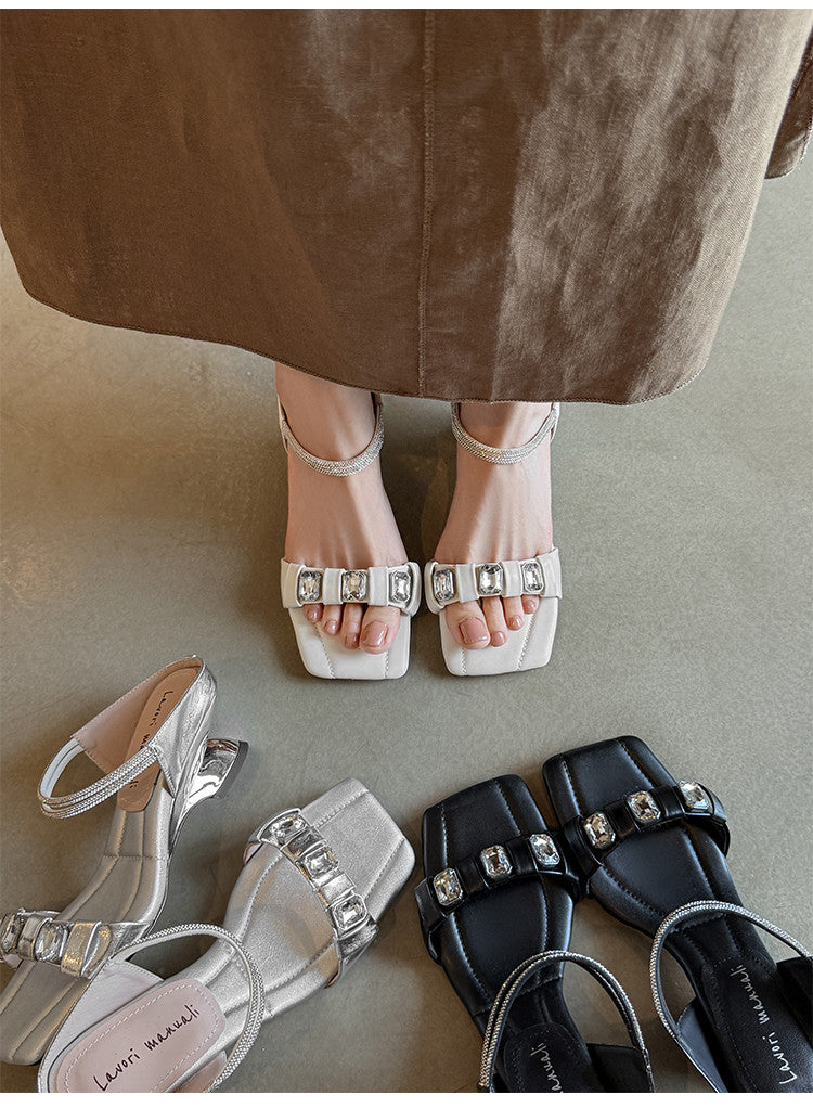 Karin Luna Bestseller Popular Rhinestone Ribbon Square Toe Slippers