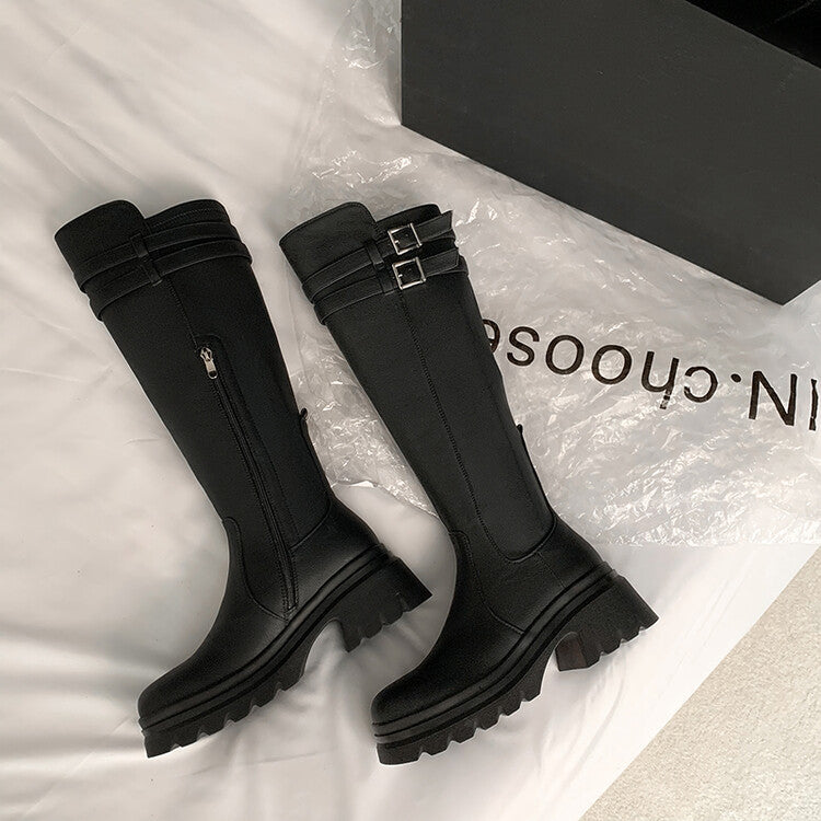 Karin Luna In Stock  Round Toe Thick Sole Casual Belt Buckle Long Boots