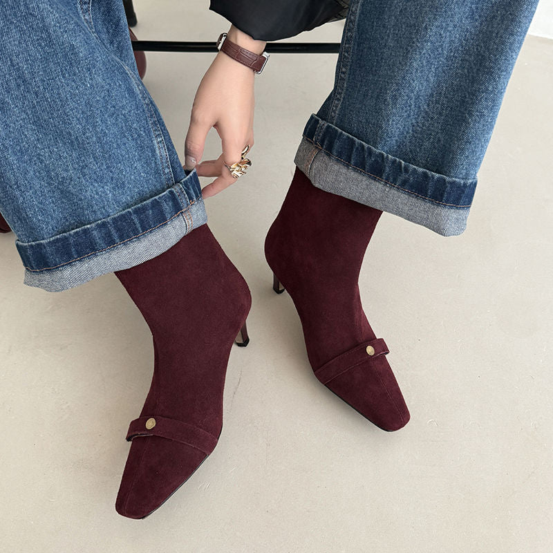 Karin Luna Elegant Style Small Square Toe Belt Buckle Thin Heel Short Boots