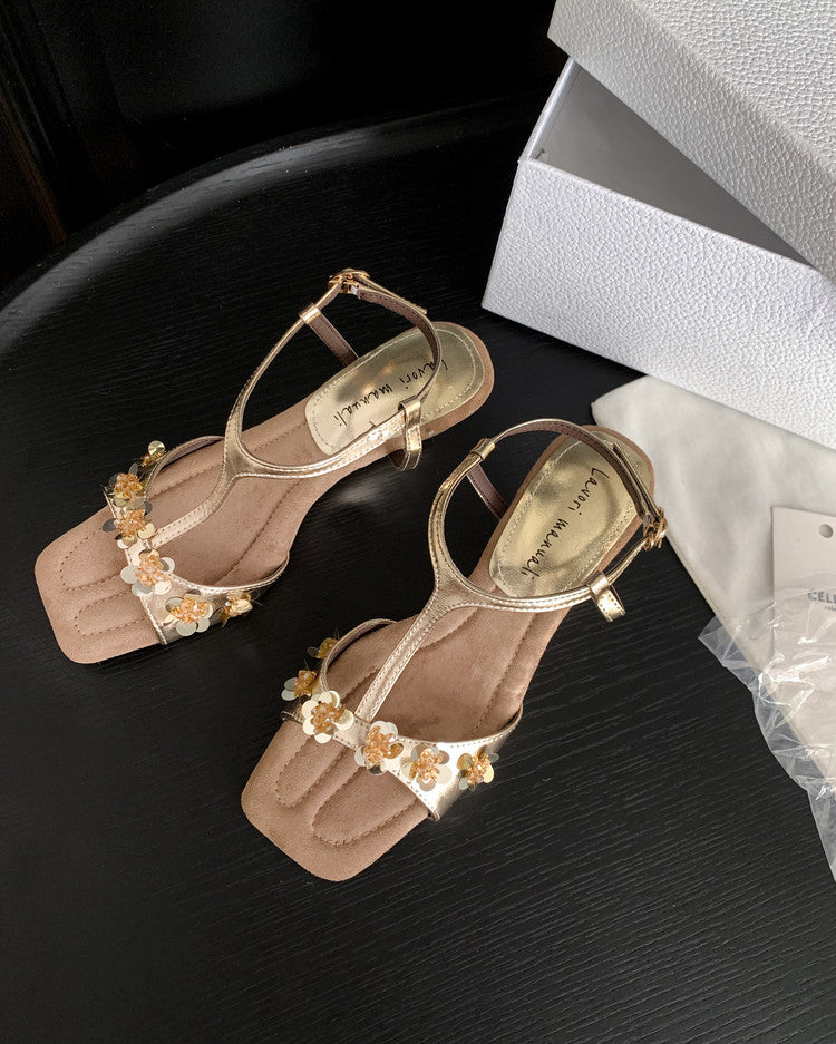 Karin Luna Hot-Selling Sequin Floral Series ~  Square Toe Irregular Heel Square Toe Sandals