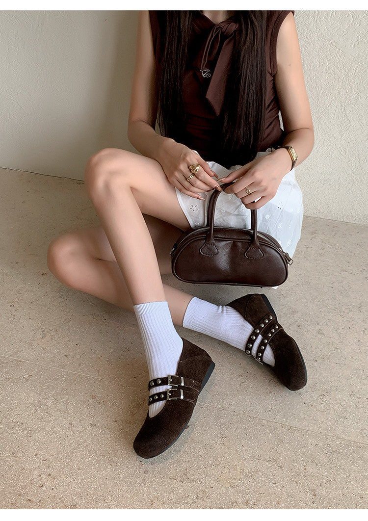 Karin Luna Hot Item Hot Item Punk Style One-Strap Round-Toe Suede Leather Height-Increasing Flats