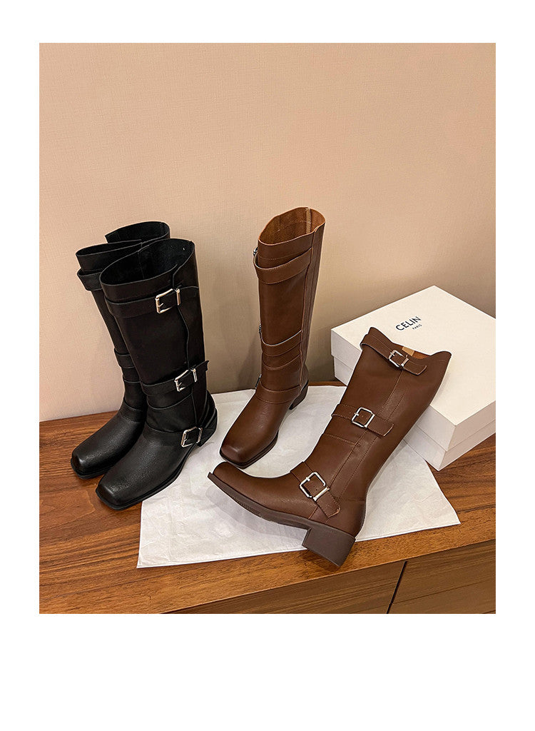 Karin Luna In Stock In Stock European and American Style Square Toe Thick Sole Belt Buckle Long Boots
