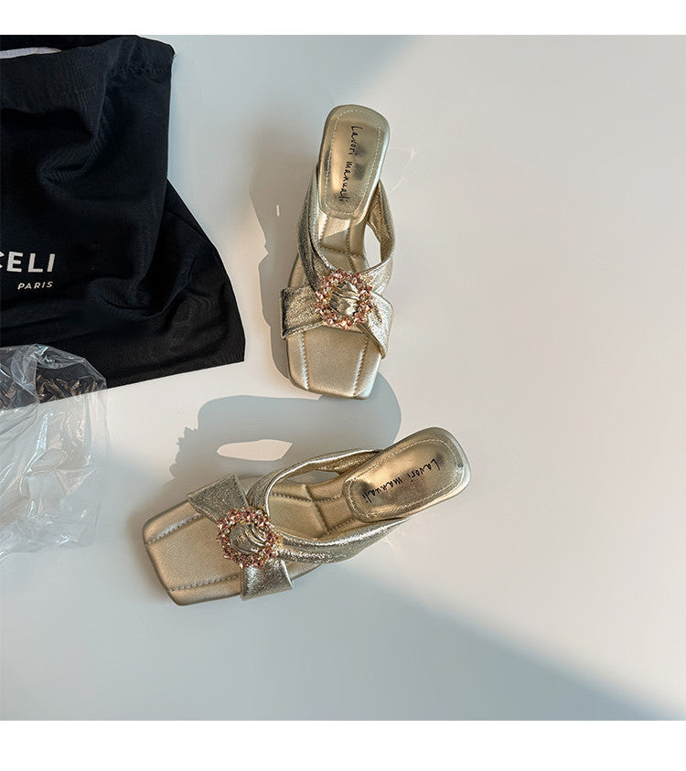 Karin Luna In Stock In Stock Elegant Square-Toe Cross-Strap Rhinestone Square-Toe Slippers
