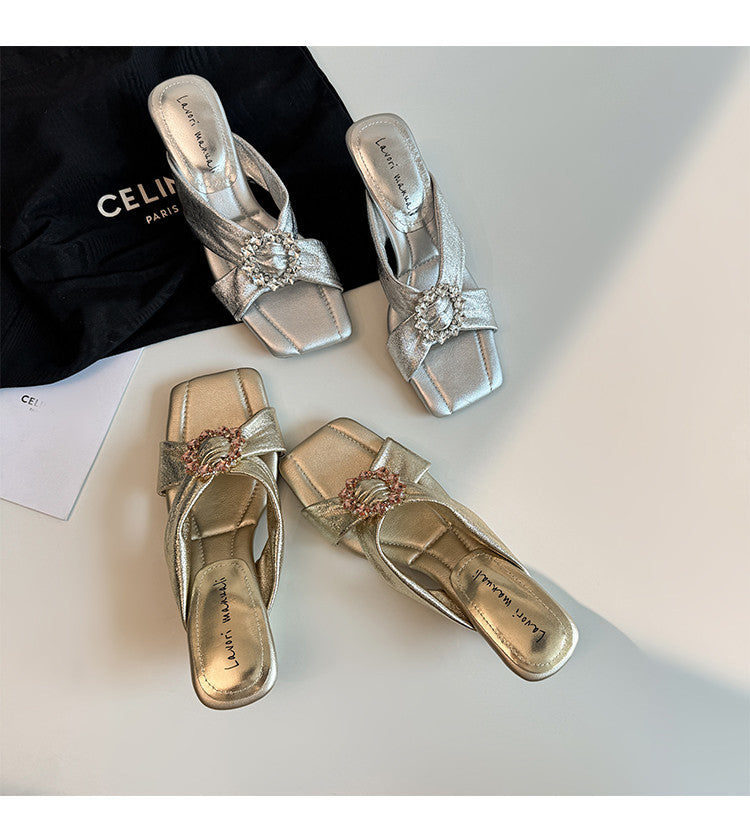 Karin Luna In Stock In Stock Elegant Square-Toe Cross-Strap Rhinestone Square-Toe Slippers
