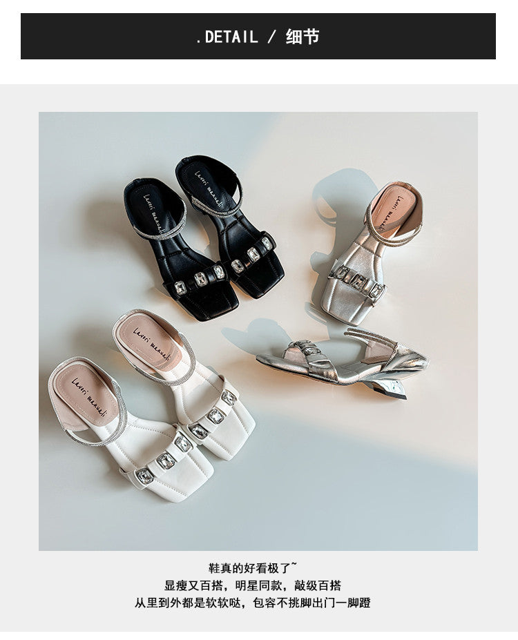 Karin Luna Bestseller Popular Rhinestone Ribbon Square Toe Slippers