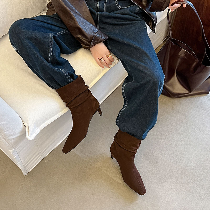 Karin Luna In Stock Spot Goods  Retro Wrinkled Small Square Toe Short Boots