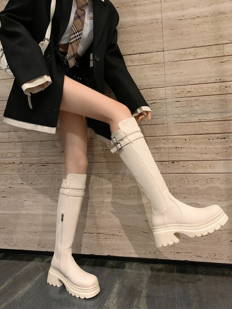 Karin Luna In Stock Best-selling in stock   Super Soft Sheepskin  Round Toe Thick Sole Vintage Belt Buckle Long Boots