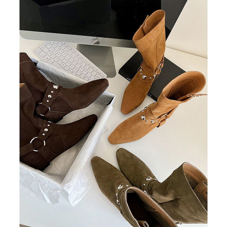 Karin Luna has prepared stock  Hot-Selling Retro Pointed Toe Wedge Metal Buckle High Tube Western Boots